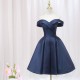 Navy Pleated Satin Homecoming Dress With Off Shoulder Navy Pleated Satin Homecoming Dress With Off Shoulder