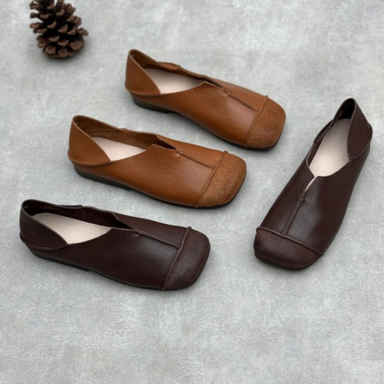 Women's Handmade Cowhide Flat Retro Square Toe Literary Casual Shoes Women's Handmade Cowhide Flat Retro Square Toe Literary Casual Shoes