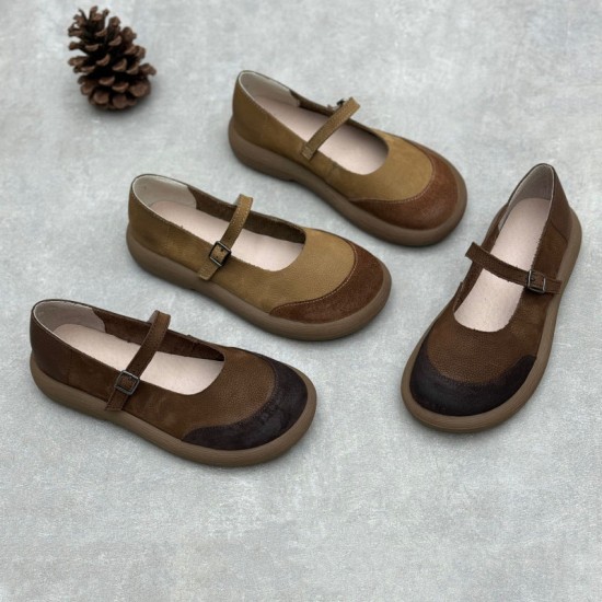 Women's Handmade Leather Patchwork Flat Mary Jane Shoes Women's Handmade Leather Patchwork Flat Mary Jane Shoes