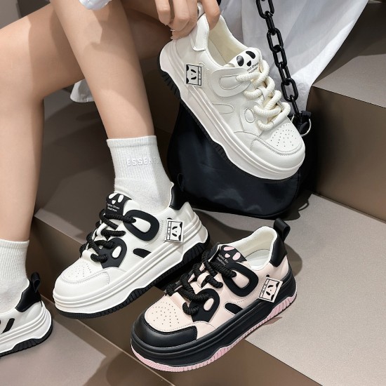 Womens Leather Cute Platform Panda Lace Up Sneakers Womens Leather Cute Platform Panda Lace Up Sneakers