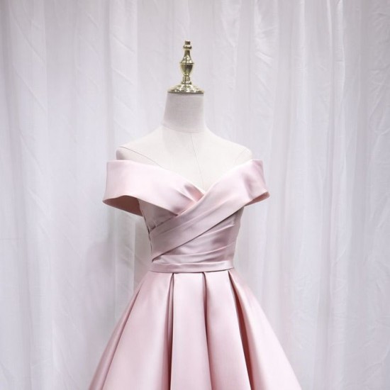 Pink Pleated Satin Homecoming Dress With Off Shoulder Pink Pleated Satin Homecoming Dress With Off Shoulder