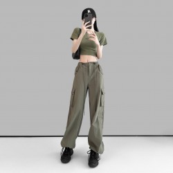 Women Spring Summer Drawstring High Waist Wide Leg Loose Multi-pockets Pant