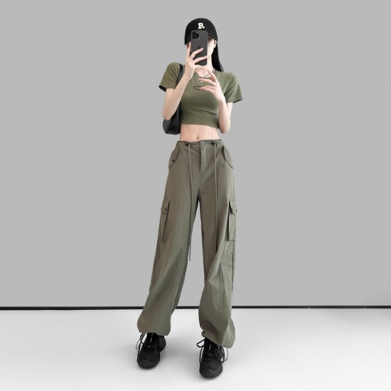 Women Spring Summer Drawstring High Waist Wide Leg Loose Multi-pockets Pant Women Spring Summer Drawstring High Waist Wide Leg Loose Multi-pockets Pant