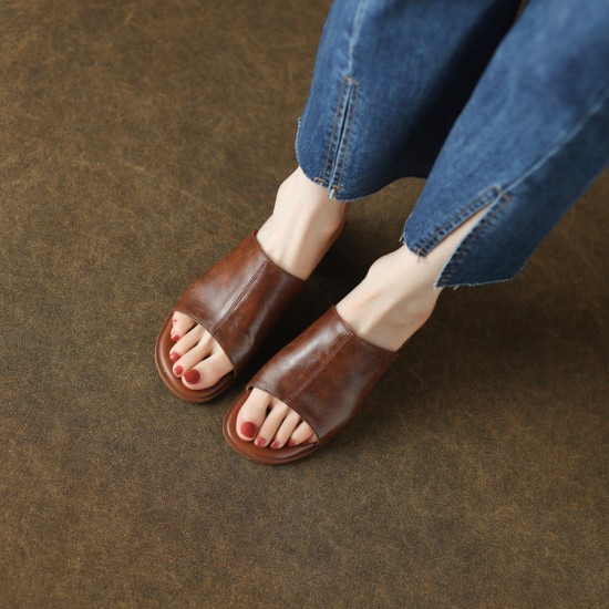 Women's Cowhide Chunky Heel Open Toe Heels Sandals Slippers Women's Cowhide Chunky Heel Open Toe Heels Sandals Slippers