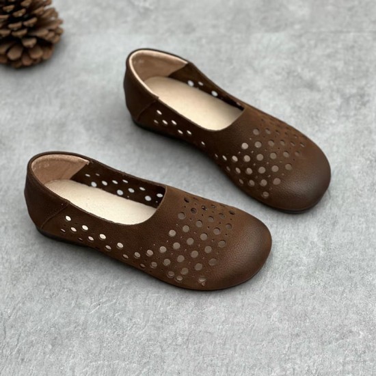 Women's Hollow Out Summer Flat Handmade Cow Leather Sandals Women's Hollow Out Summer Flat Handmade Cow Leather Sandals