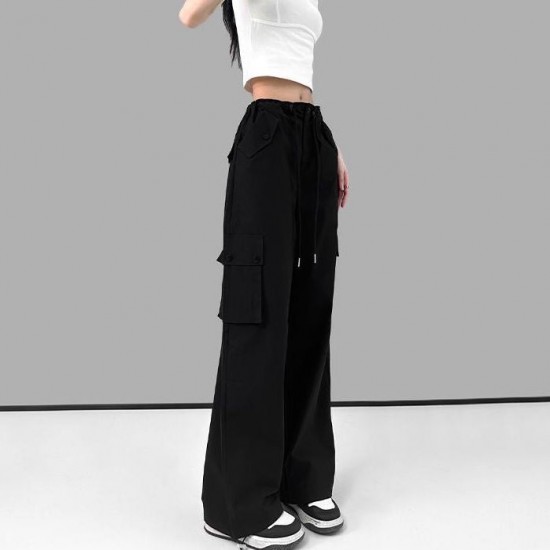 Women Spring Summer Drawstring High Waist Wide Leg Loose Multi-pockets Pant Women Spring Summer Drawstring High Waist Wide Leg Loose Multi-pockets Pant