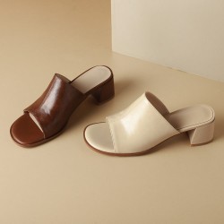 Women's Cowhide Chunky Heel Open Toe Heels Sandals Slippers