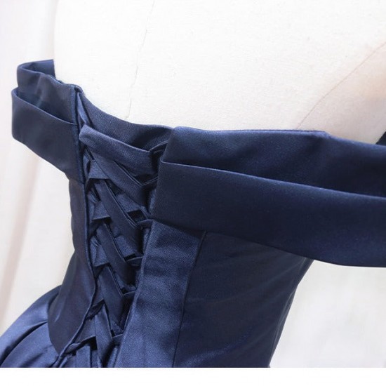 Navy Pleated Satin Homecoming Dress With Off Shoulder Navy Pleated Satin Homecoming Dress With Off Shoulder