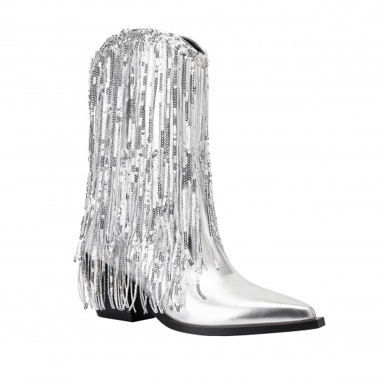 Womens Metallic Sequin Fringed Zipper Pointy Chunky Heeled Western Cowgirl Ankle Boots Womens Metallic Sequin Fringed Zipper Pointy Chunky Heeled Western Cowgirl Ankle Boots