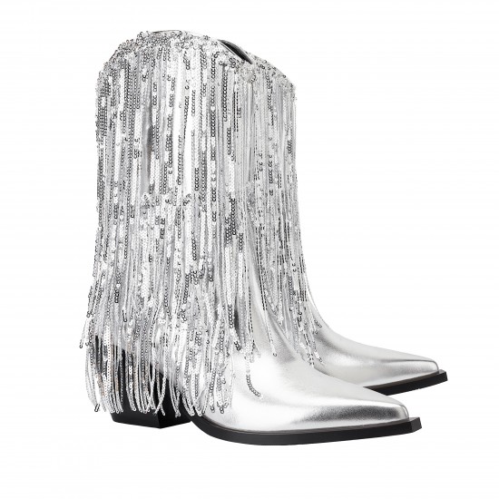 Womens Metallic Sequin Fringed Zipper Pointy Chunky Heeled Western Cowgirl Ankle Boots Womens Metallic Sequin Fringed Zipper Pointy Chunky Heeled Western Cowgirl Ankle Boots