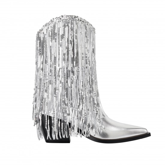 Womens Metallic Sequin Fringed Zipper Pointy Chunky Heeled Western Cowgirl Ankle Boots Womens Metallic Sequin Fringed Zipper Pointy Chunky Heeled Western Cowgirl Ankle Boots