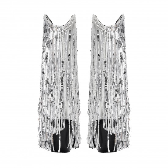 Womens Metallic Sequin Fringed Zipper Pointy Chunky Heeled Western Cowgirl Ankle Boots Womens Metallic Sequin Fringed Zipper Pointy Chunky Heeled Western Cowgirl Ankle Boots