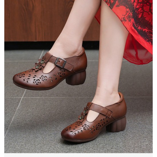 Genuine Leather Carved Hollow Square Heel Retro Women's Shoes Genuine Leather Carved Hollow Square Heel Retro Women's Shoes