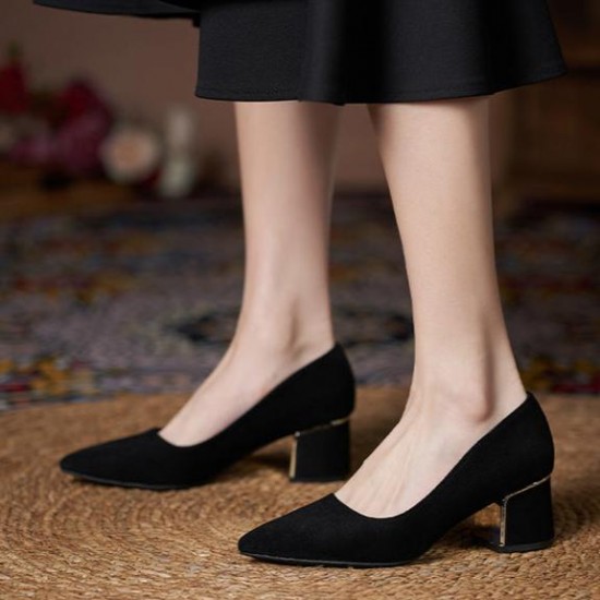 Women Suede Pump Block Heel Pointed Toe Mid Heels Women Suede Pump Block Heel Pointed Toe Mid Heels