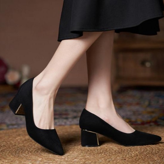 Women Suede Pump Block Heel Pointed Toe Mid Heels Women Suede Pump Block Heel Pointed Toe Mid Heels