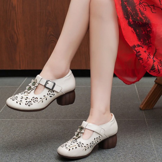 Genuine Leather Carved Hollow Square Heel Retro Women's Shoes Genuine Leather Carved Hollow Square Heel Retro Women's Shoes