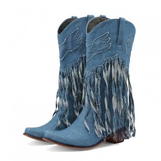 Womens Fringe Denim Western Cowboy Short Boots Womens Fringe Denim Western Cowboy Short Boots