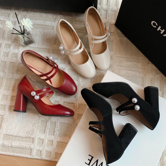 Woman High Heels Round Toe Leather Pearl Buckle Dress Shoes Woman High Heels Round Toe Leather Pearl Buckle Dress Shoes