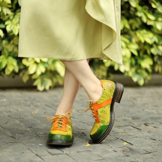 Sheepskin Leather Colorful Patchwork Flat Lace-up Women's Shoes Sheepskin Leather Colorful Patchwork Flat Lace-up Women's Shoes