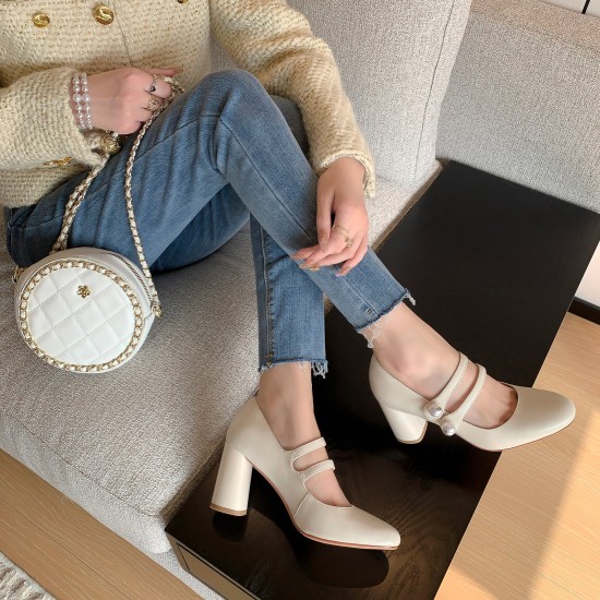 Woman High Heels Round Toe Leather Pearl Buckle Dress Shoes Woman High Heels Round Toe Leather Pearl Buckle Dress Shoes