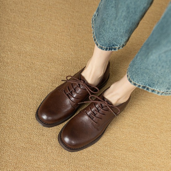 Handmade British style Round Toe Lace Up Leather Chunky Heeled Loafers Handmade British style Round Toe Lace Up Leather Chunky Heeled Loafers