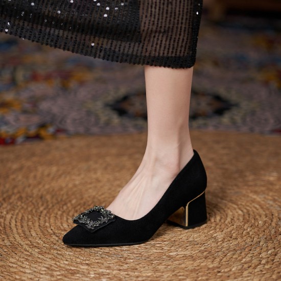 Women Suede Metal Buckle Pump Block Heel Pointed Toe Mid Heels Women Suede Metal Buckle Pump Block Heel Pointed Toe Mid Heels