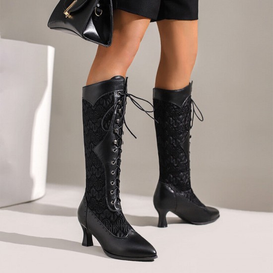 Women's Vintage Lace Splicing Lace Up Pointed Toe Cup Heel Boots Women's Vintage Lace Splicing Lace Up Pointed Toe Cup Heel Boots