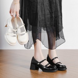 Women's Patent Leather Low Chunky Block Heel Buckle Strap Mary Jane Pumps