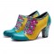 Leather Colorful Patchwork Flower Decoration Block Heel Women's Shoes