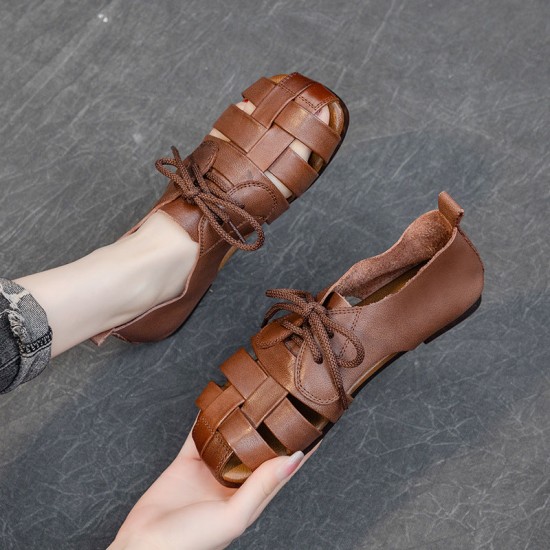 Cow Leather Retro Woven Sandals Lace-Up Soft Sole Women's Shoes Cow Leather Retro Woven Sandals Lace-Up Soft Sole Women's Shoes