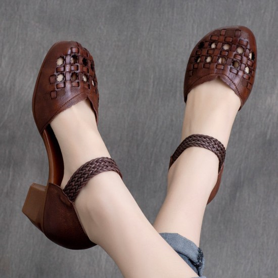 Ethnic style Retro Cowhide Braided Hollow Thick Heel Sandals Ethnic style Retro Cowhide Braided Hollow Thick Heel Sandals