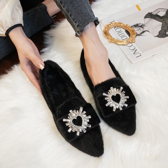 Women Faux-Fur Loafers Warm Winter Fleece Flat Pointed Rhinestones Casual Shoes Women Faux-Fur Loafers Warm Winter Fleece Flat Pointed Rhinestones Casual Shoes
