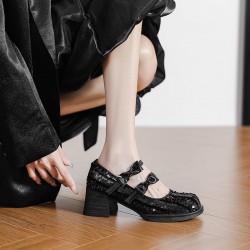 Cute Sequins Square Heel Bow Embellished Mary Jane Women's Shoes