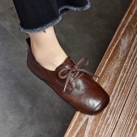 Genuine Leather Square Toe Retro Lace Up Flats Women's Shoes Genuine Leather Square Toe Retro Lace Up Flats Women's Shoes