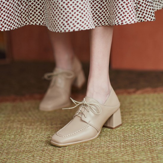 Square-toe Chunky Heel Lace-up Mid-heel Loafers Shoes for Women Square-toe Chunky Heel Lace-up Mid-heel Loafers Shoes for Women