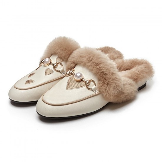 Women Embroidered Fur Pearl Buckle Slippers Mules Flat Women Embroidered Fur Pearl Buckle Slippers Mules Flat