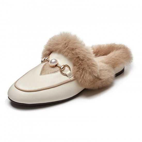 Women Embroidered Fur Pearl Buckle Slippers Mules Flat Women Embroidered Fur Pearl Buckle Slippers Mules Flat