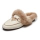Women Embroidered Fur Pearl Buckle Slippers Mules Flat Women Embroidered Fur Pearl Buckle Slippers Mules Flat