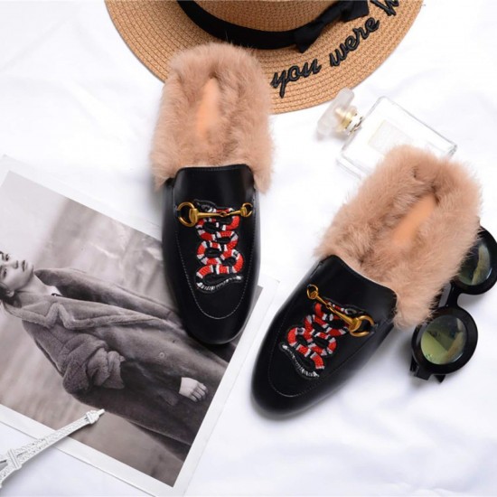 Women Casual Buckle Fur Embroidery Mules Slippers Shoes Women Casual Buckle Fur Embroidery Mules Slippers Shoes