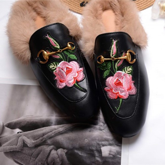 Womens Rose Classic Buckle Fur Mules Womens Rose Classic Buckle Fur Mules