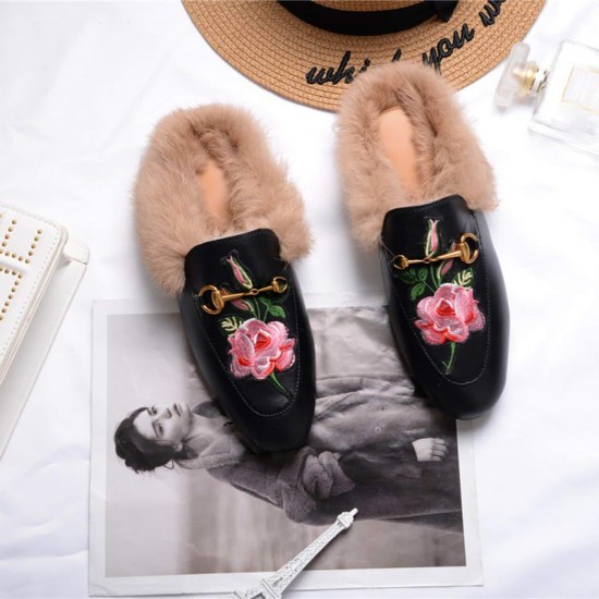 Womens Rose Classic Buckle Fur Mules Womens Rose Classic Buckle Fur Mules