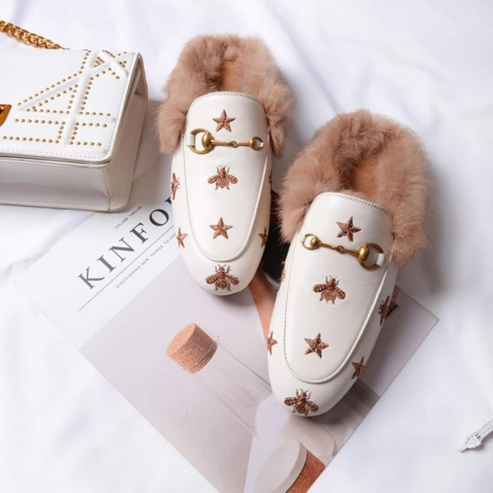 Bee Star Embroidered Furry Fur Slip on Mules Bee Star Embroidered Furry Fur Slip on Mules