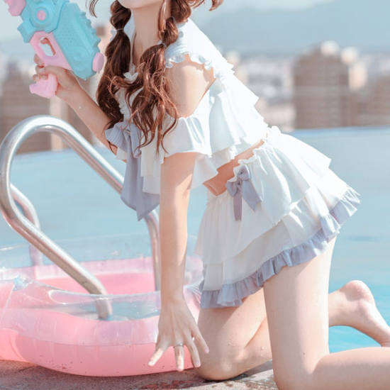 Sweet Lolita Swimwear Bows Short Sleeves 2-Piece Set Swimsuits Sweet Lolita Swimwear Bows Short Sleeves 2-Piece Set Swimsuits