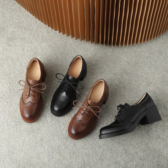 Handmade High Chunky Heel Leather Brogues Womens Shoes Handmade High Chunky Heel Leather Brogues Womens Shoes