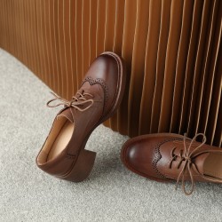 Handmade High Chunky Heel Leather Brogues Womens Shoes