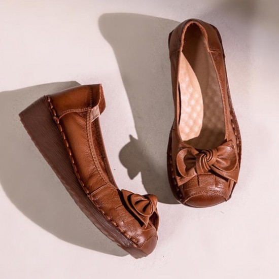 Wedges Vintage Leather Soft Sole Slip Bowknot Women's Shoes Wedges Vintage Leather Soft Sole Slip Bowknot Women's Shoes