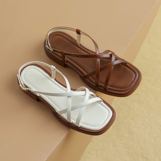 Women's Leather Low Heel Spaghetti Strap Slingback Casual Sandals Women's Leather Low Heel Spaghetti Strap Slingback Casual Sandals