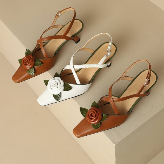 Women's Handmade Leather Elegant Stereoscopic Flower Cross Strap Mid Heel Sandals Women's Handmade Leather Elegant Stereoscopic Flower Cross Strap Mid Heel Sandals