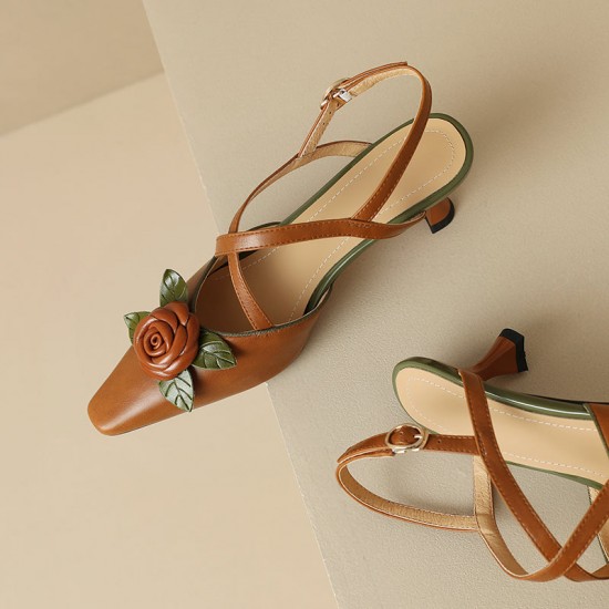 Women's Handmade Leather Elegant Stereoscopic Flower Cross Strap Mid Heel Sandals Women's Handmade Leather Elegant Stereoscopic Flower Cross Strap Mid Heel Sandals