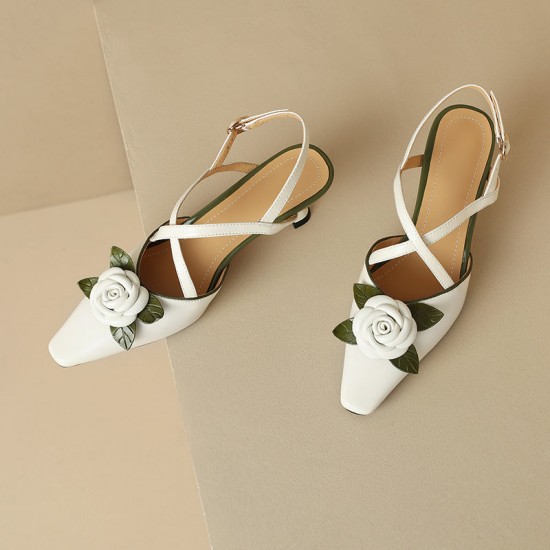 Women's Handmade Leather Elegant Stereoscopic Flower Cross Strap Mid Heel Sandals Women's Handmade Leather Elegant Stereoscopic Flower Cross Strap Mid Heel Sandals